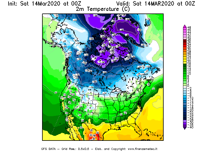 Mappa di analisi GFS - Temperatura a 2 metri dal suolo [°C] in Nord-America
							del 14/03/2020 00 <!--googleoff: index-->UTC<!--googleon: index-->