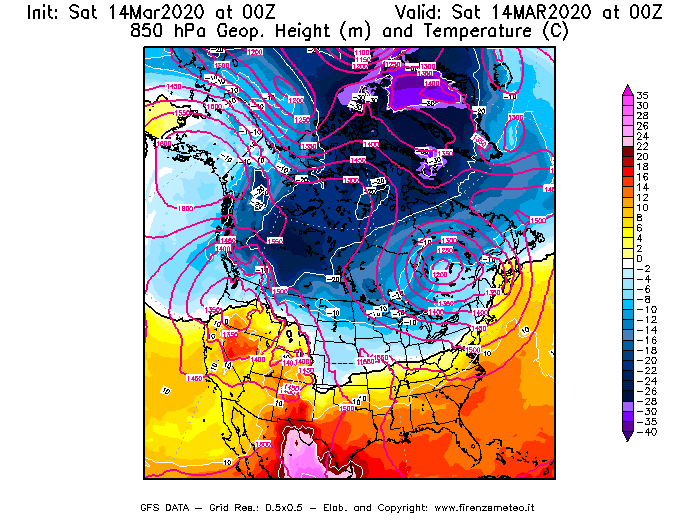 Mappa di analisi GFS - Geopotenziale [m] e Temperatura [°C] a 850 hPa in Nord-America
							del 14/03/2020 00 <!--googleoff: index-->UTC<!--googleon: index-->