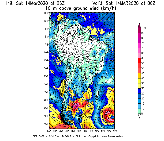 Mappa di analisi GFS - Velocità del vento a 10 metri dal suolo [km/h] in Sud-America
							del 14/03/2020 06 <!--googleoff: index-->UTC<!--googleon: index-->