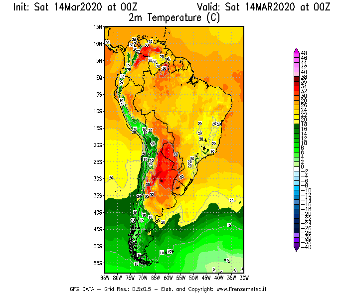 Mappa di analisi GFS - Temperatura a 2 metri dal suolo [°C] in Sud-America
							del 14/03/2020 00 <!--googleoff: index-->UTC<!--googleon: index-->