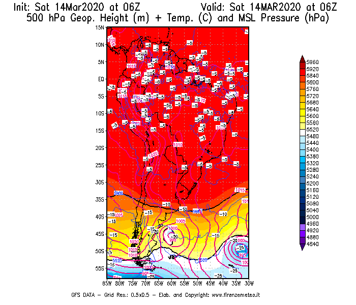 Mappa di analisi GFS - Geopotenziale [m] + Temp. [°C] a 500 hPa + Press. a livello del mare [hPa] in Sud-America
							del 14/03/2020 06 <!--googleoff: index-->UTC<!--googleon: index-->