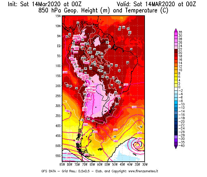 Mappa di analisi GFS - Geopotenziale [m] e Temperatura [°C] a 850 hPa in Sud-America
							del 14/03/2020 00 <!--googleoff: index-->UTC<!--googleon: index-->