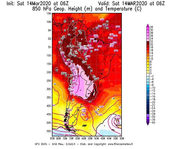 Mappa di analisi GFS - Geopotenziale [m] e Temperatura [°C] a 850 hPa in Sud-America
							del 14/03/2020 06 <!--googleoff: index-->UTC<!--googleon: index-->