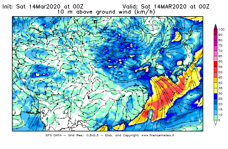 Mappa di analisi GFS - Velocità del vento a 10 metri dal suolo [km/h] in Asia Orientale
							del 14/03/2020 00 <!--googleoff: index-->UTC<!--googleon: index-->