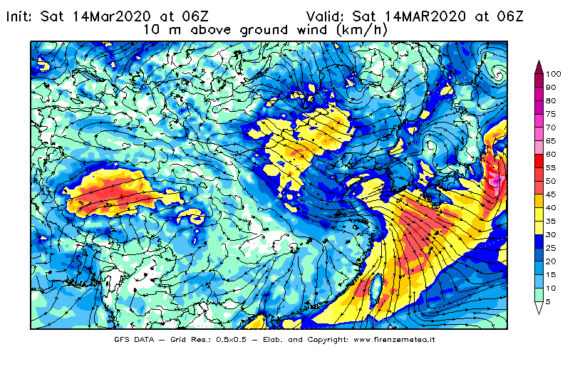 Mappa di analisi GFS - Velocità del vento a 10 metri dal suolo [km/h] in Asia Orientale
							del 14/03/2020 06 <!--googleoff: index-->UTC<!--googleon: index-->
