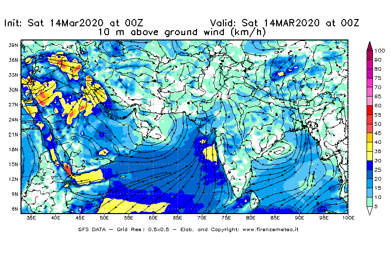 Mappa di analisi GFS - Velocità del vento a 10 metri dal suolo [km/h] in Asia Sud-Occidentale
							del 14/03/2020 00 <!--googleoff: index-->UTC<!--googleon: index-->