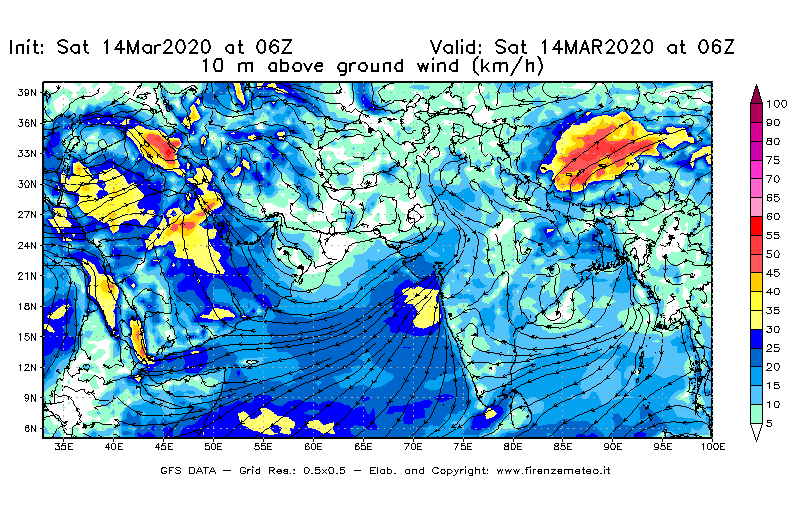 Mappa di analisi GFS - Velocità del vento a 10 metri dal suolo [km/h] in Asia Sud-Occidentale
							del 14/03/2020 06 <!--googleoff: index-->UTC<!--googleon: index-->