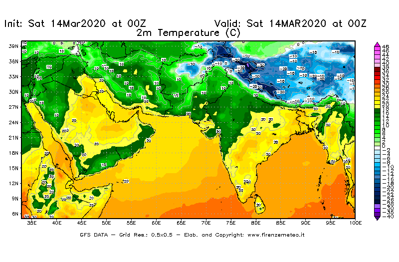 Mappa di analisi GFS - Temperatura a 2 metri dal suolo [°C] in Asia Sud-Occidentale
							del 14/03/2020 00 <!--googleoff: index-->UTC<!--googleon: index-->