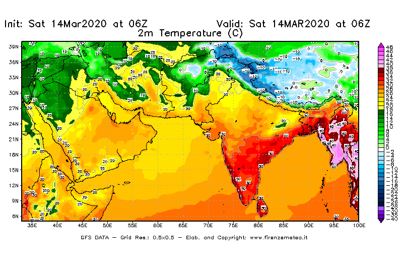 Mappa di analisi GFS - Temperatura a 2 metri dal suolo [°C] in Asia Sud-Occidentale
							del 14/03/2020 06 <!--googleoff: index-->UTC<!--googleon: index-->