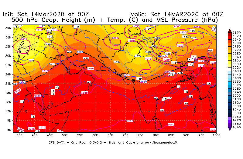 Mappa di analisi GFS - Geopotenziale [m] + Temp. [°C] a 500 hPa + Press. a livello del mare [hPa] in Asia Sud-Occidentale
							del 14/03/2020 00 <!--googleoff: index-->UTC<!--googleon: index-->