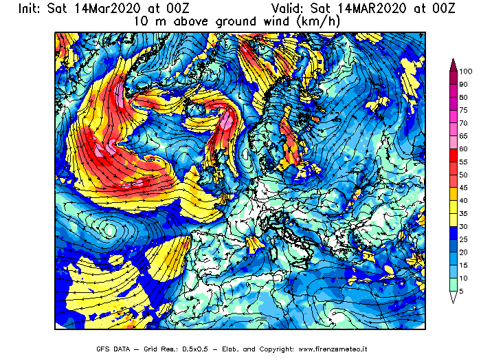 Mappa di analisi GFS - Velocità del vento a 10 metri dal suolo [km/h] in Europa
							del 14/03/2020 00 <!--googleoff: index-->UTC<!--googleon: index-->