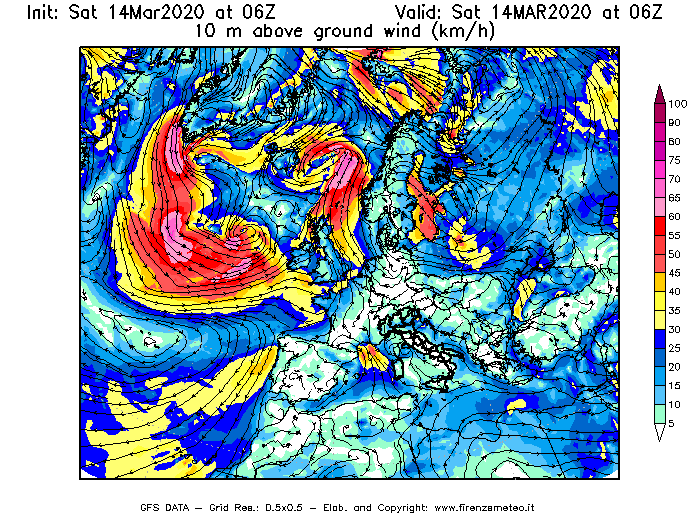 Mappa di analisi GFS - Velocità del vento a 10 metri dal suolo [km/h] in Europa
							del 14/03/2020 06 <!--googleoff: index-->UTC<!--googleon: index-->