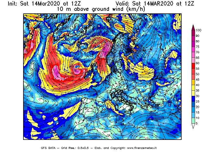 Mappa di analisi GFS - Velocità del vento a 10 metri dal suolo [km/h] in Europa
							del 14/03/2020 12 <!--googleoff: index-->UTC<!--googleon: index-->