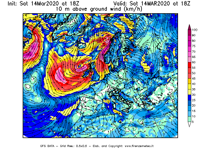 Mappa di analisi GFS - Velocità del vento a 10 metri dal suolo [km/h] in Europa
							del 14/03/2020 18 <!--googleoff: index-->UTC<!--googleon: index-->
