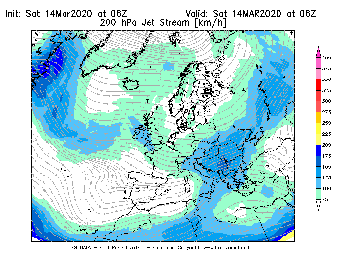Mappa di analisi GFS - Jet Stream a 200 hPa in Europa
							del 14/03/2020 06 <!--googleoff: index-->UTC<!--googleon: index-->