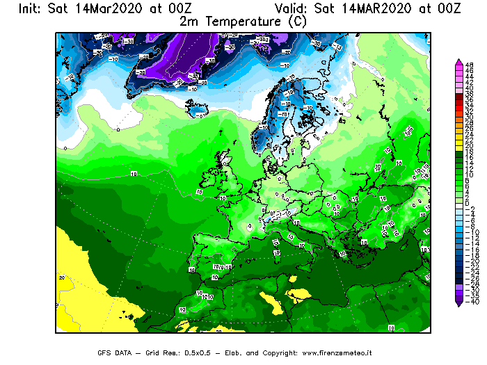 Mappa di analisi GFS - Temperatura a 2 metri dal suolo [°C] in Europa
							del 14/03/2020 00 <!--googleoff: index-->UTC<!--googleon: index-->
