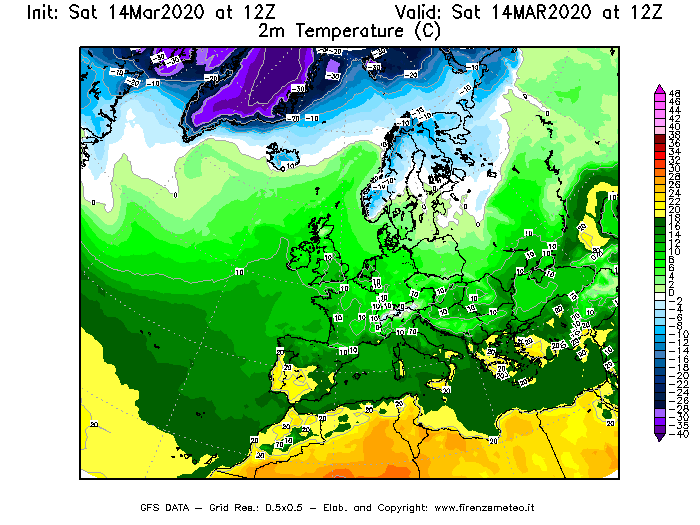Mappa di analisi GFS - Temperatura a 2 metri dal suolo [°C] in Europa
							del 14/03/2020 12 <!--googleoff: index-->UTC<!--googleon: index-->