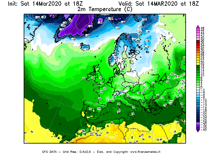 Mappa di analisi GFS - Temperatura a 2 metri dal suolo [°C] in Europa
							del 14/03/2020 18 <!--googleoff: index-->UTC<!--googleon: index-->