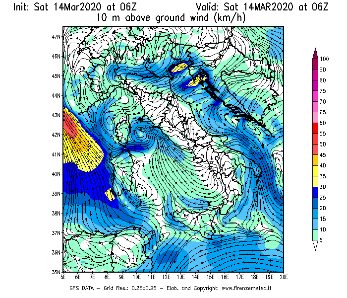 Mappa di analisi GFS - Velocità del vento a 10 metri dal suolo [km/h] in Italia
							del 14/03/2020 06 <!--googleoff: index-->UTC<!--googleon: index-->