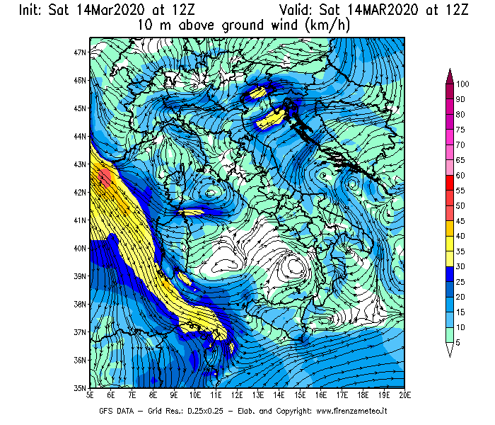Mappa di analisi GFS - Velocità del vento a 10 metri dal suolo [km/h] in Italia
							del 14/03/2020 12 <!--googleoff: index-->UTC<!--googleon: index-->