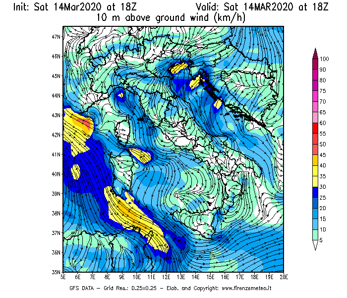 Mappa di analisi GFS - Velocità del vento a 10 metri dal suolo [km/h] in Italia
							del 14/03/2020 18 <!--googleoff: index-->UTC<!--googleon: index-->