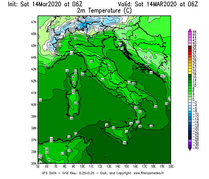 Mappa di analisi GFS - Temperatura a 2 metri dal suolo [°C] in Italia
							del 14/03/2020 06 <!--googleoff: index-->UTC<!--googleon: index-->