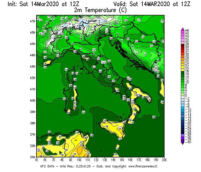 Mappa di analisi GFS - Temperatura a 2 metri dal suolo [°C] in Italia
							del 14/03/2020 12 <!--googleoff: index-->UTC<!--googleon: index-->