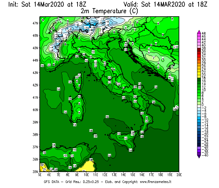 Mappa di analisi GFS - Temperatura a 2 metri dal suolo [°C] in Italia
							del 14/03/2020 18 <!--googleoff: index-->UTC<!--googleon: index-->