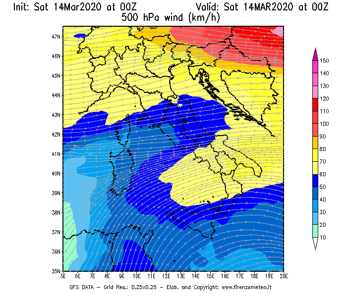Mappa di analisi GFS - Velocità del vento a 500 hPa [km/h] in Italia
							del 14/03/2020 00 <!--googleoff: index-->UTC<!--googleon: index-->