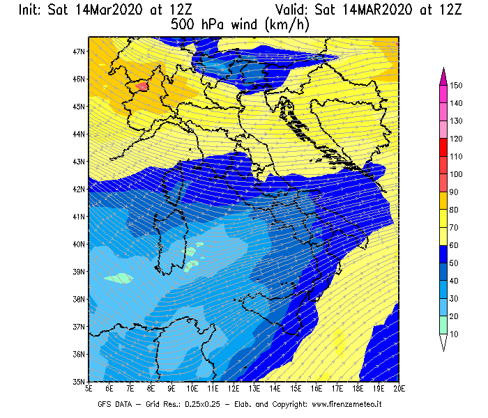 Mappa di analisi GFS - Velocità del vento a 500 hPa [km/h] in Italia
							del 14/03/2020 12 <!--googleoff: index-->UTC<!--googleon: index-->