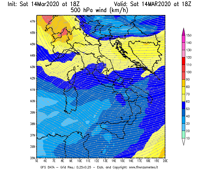 Mappa di analisi GFS - Velocità del vento a 500 hPa [km/h] in Italia
							del 14/03/2020 18 <!--googleoff: index-->UTC<!--googleon: index-->