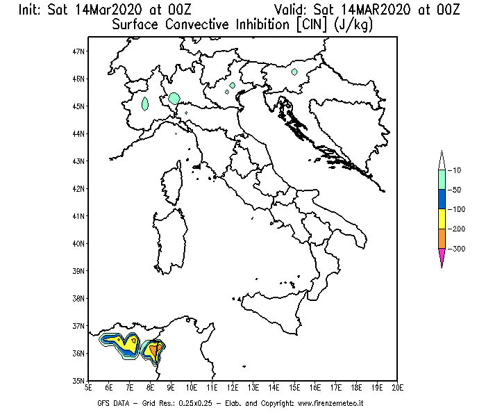 Mappa di analisi GFS - CIN [J/kg] in Italia
							del 14/03/2020 00 <!--googleoff: index-->UTC<!--googleon: index-->
