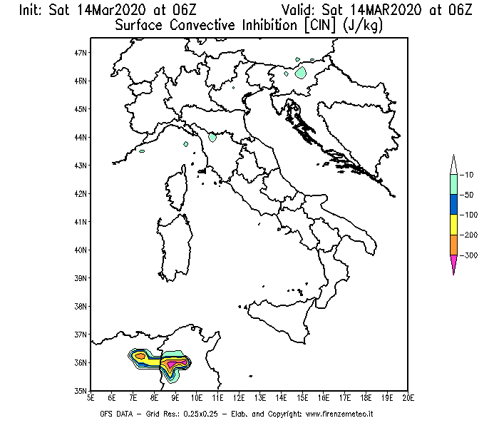 Mappa di analisi GFS - CIN [J/kg] in Italia
							del 14/03/2020 06 <!--googleoff: index-->UTC<!--googleon: index-->