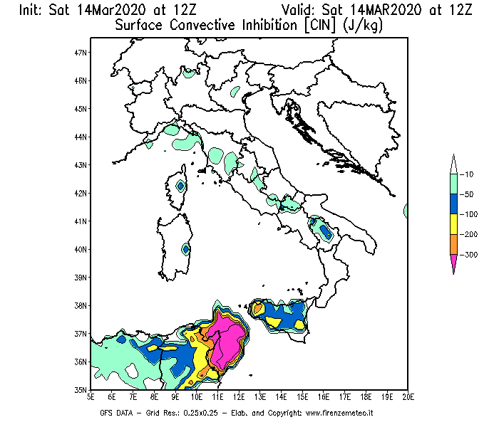 Mappa di analisi GFS - CIN [J/kg] in Italia
							del 14/03/2020 12 <!--googleoff: index-->UTC<!--googleon: index-->