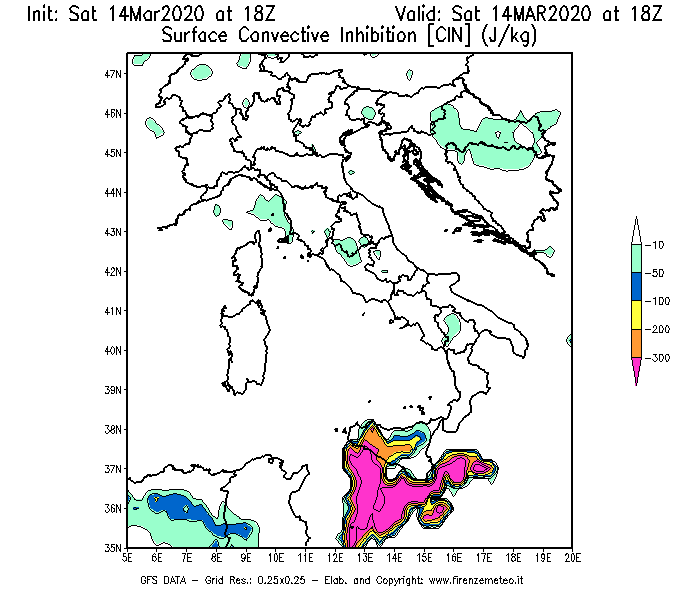 Mappa di analisi GFS - CIN [J/kg] in Italia
							del 14/03/2020 18 <!--googleoff: index-->UTC<!--googleon: index-->