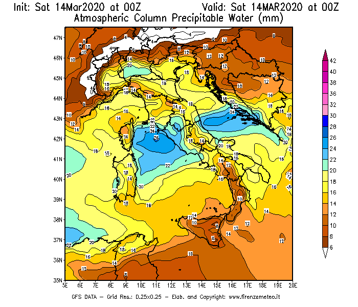 Mappa di analisi GFS - Precipitable Water [mm] in Italia
							del 14/03/2020 00 <!--googleoff: index-->UTC<!--googleon: index-->
