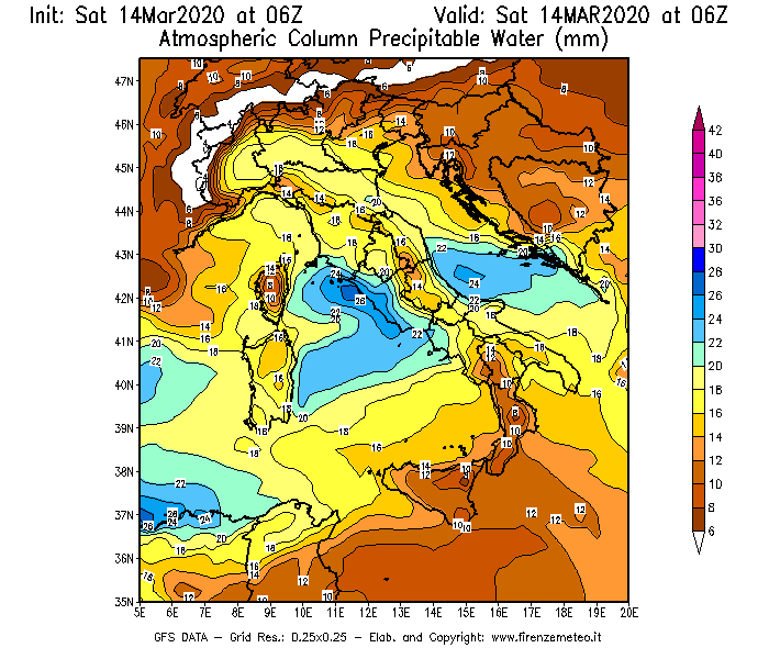 Mappa di analisi GFS - Precipitable Water [mm] in Italia
							del 14/03/2020 06 <!--googleoff: index-->UTC<!--googleon: index-->