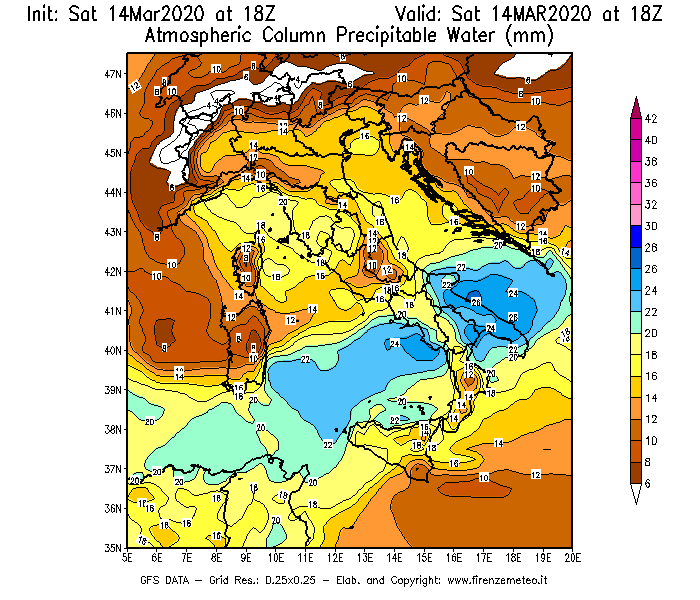 Mappa di analisi GFS - Precipitable Water [mm] in Italia
							del 14/03/2020 18 <!--googleoff: index-->UTC<!--googleon: index-->