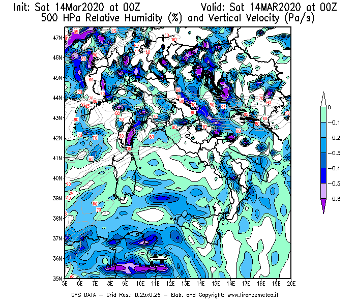 Mappa di analisi GFS - Umidità relativa [%] e Omega [Pa/s] a 500 hPa in Italia
							del 14/03/2020 00 <!--googleoff: index-->UTC<!--googleon: index-->