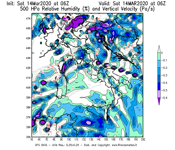 Mappa di analisi GFS - Umidità relativa [%] e Omega [Pa/s] a 500 hPa in Italia
							del 14/03/2020 06 <!--googleoff: index-->UTC<!--googleon: index-->
