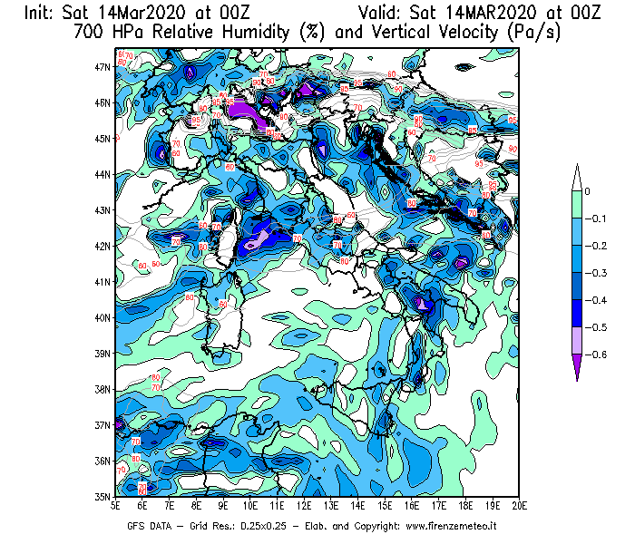 Mappa di analisi GFS - Umidità relativa [%] e Omega [Pa/s] a 700 hPa in Italia
							del 14/03/2020 00 <!--googleoff: index-->UTC<!--googleon: index-->