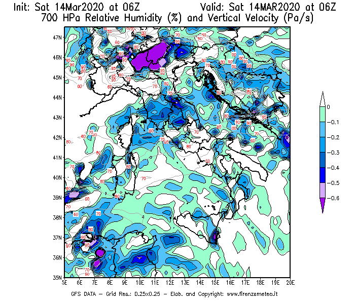 Mappa di analisi GFS - Umidità relativa [%] e Omega [Pa/s] a 700 hPa in Italia
							del 14/03/2020 06 <!--googleoff: index-->UTC<!--googleon: index-->