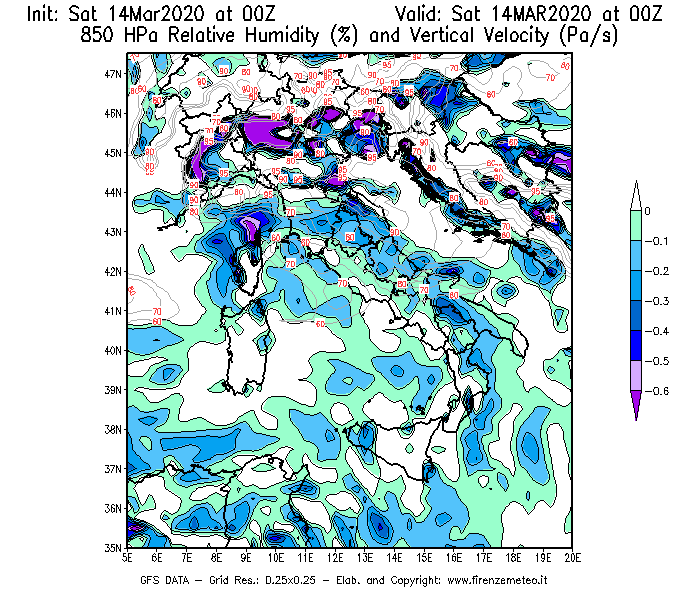 Mappa di analisi GFS - Umidità relativa [%] e Omega [Pa/s] a 850 hPa in Italia
							del 14/03/2020 00 <!--googleoff: index-->UTC<!--googleon: index-->