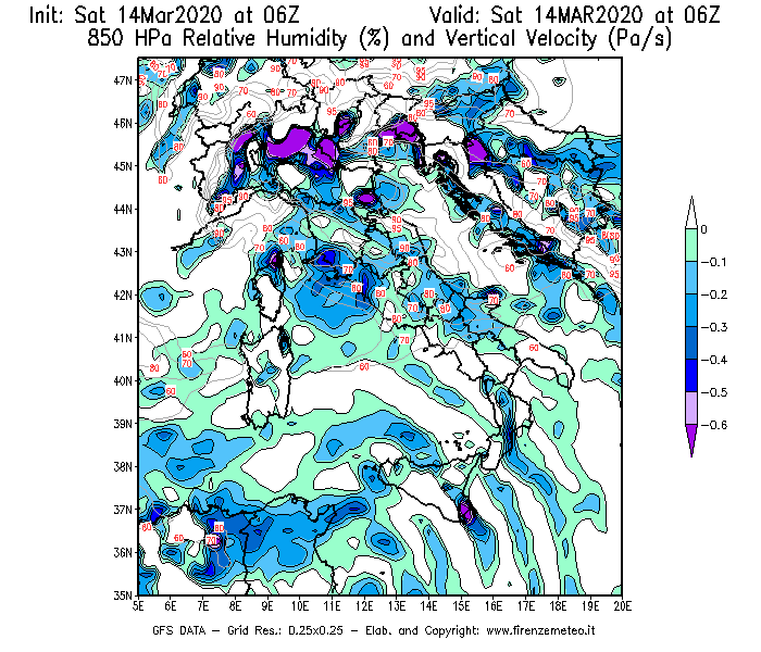 Mappa di analisi GFS - Umidità relativa [%] e Omega [Pa/s] a 850 hPa in Italia
							del 14/03/2020 06 <!--googleoff: index-->UTC<!--googleon: index-->