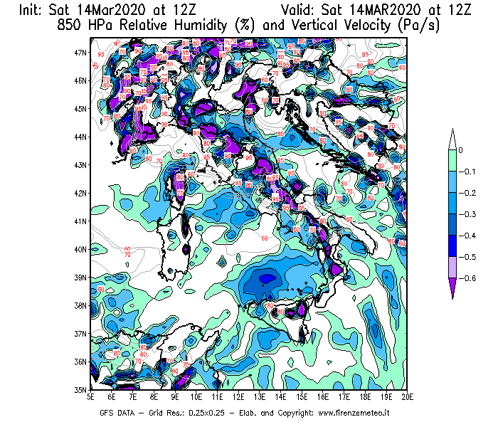 Mappa di analisi GFS - Umidità relativa [%] e Omega [Pa/s] a 850 hPa in Italia
							del 14/03/2020 12 <!--googleoff: index-->UTC<!--googleon: index-->