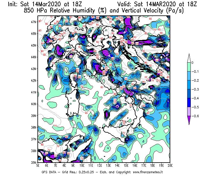 Mappa di analisi GFS - Umidità relativa [%] e Omega [Pa/s] a 850 hPa in Italia
							del 14/03/2020 18 <!--googleoff: index-->UTC<!--googleon: index-->