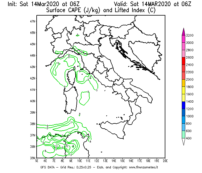 Mappa di analisi GFS - CAPE [J/kg] e Lifted Index [°C] in Italia
							del 14/03/2020 06 <!--googleoff: index-->UTC<!--googleon: index-->