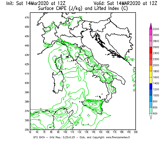 Mappa di analisi GFS - CAPE [J/kg] e Lifted Index [°C] in Italia
							del 14/03/2020 12 <!--googleoff: index-->UTC<!--googleon: index-->