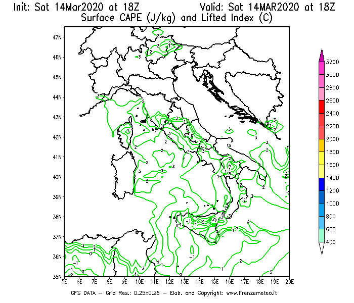Mappa di analisi GFS - CAPE [J/kg] e Lifted Index [°C] in Italia
							del 14/03/2020 18 <!--googleoff: index-->UTC<!--googleon: index-->