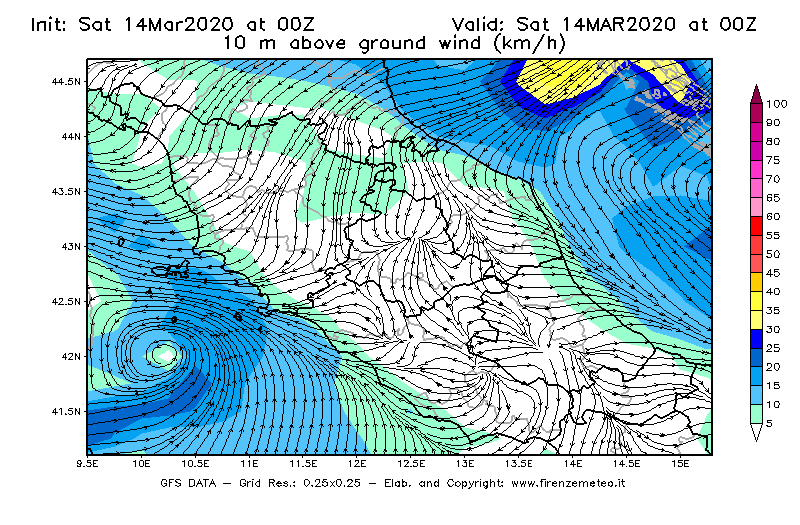 Mappa di analisi GFS - Velocità del vento a 10 metri dal suolo [km/h] in Centro-Italia
							del 14/03/2020 00 <!--googleoff: index-->UTC<!--googleon: index-->